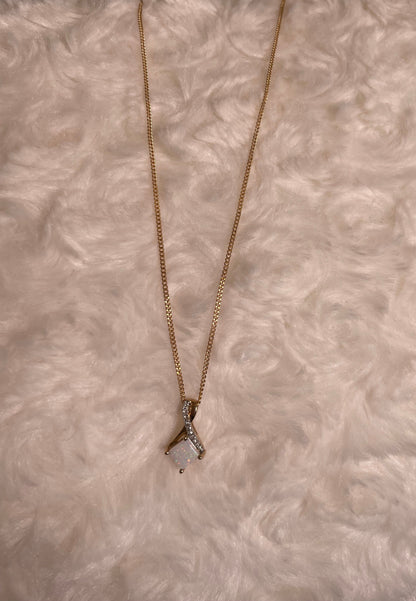 9ct Yellow Gold Square White Opal with Crossover Diamond Bale Pendant Necklace