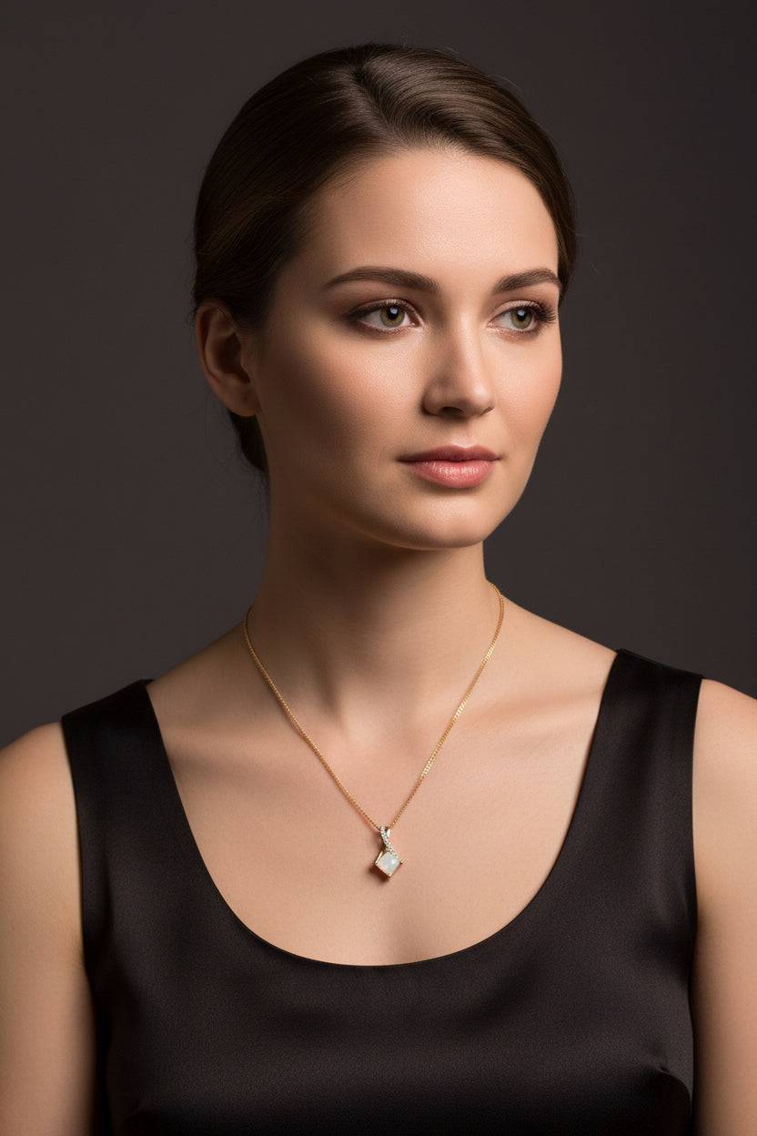 9ct Yellow Gold Square White Opal with Crossover Diamond Bale Pendant Necklace