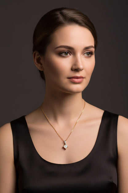 9ct Yellow Gold Square White Opal with Crossover Diamond Bale Pendant Necklace