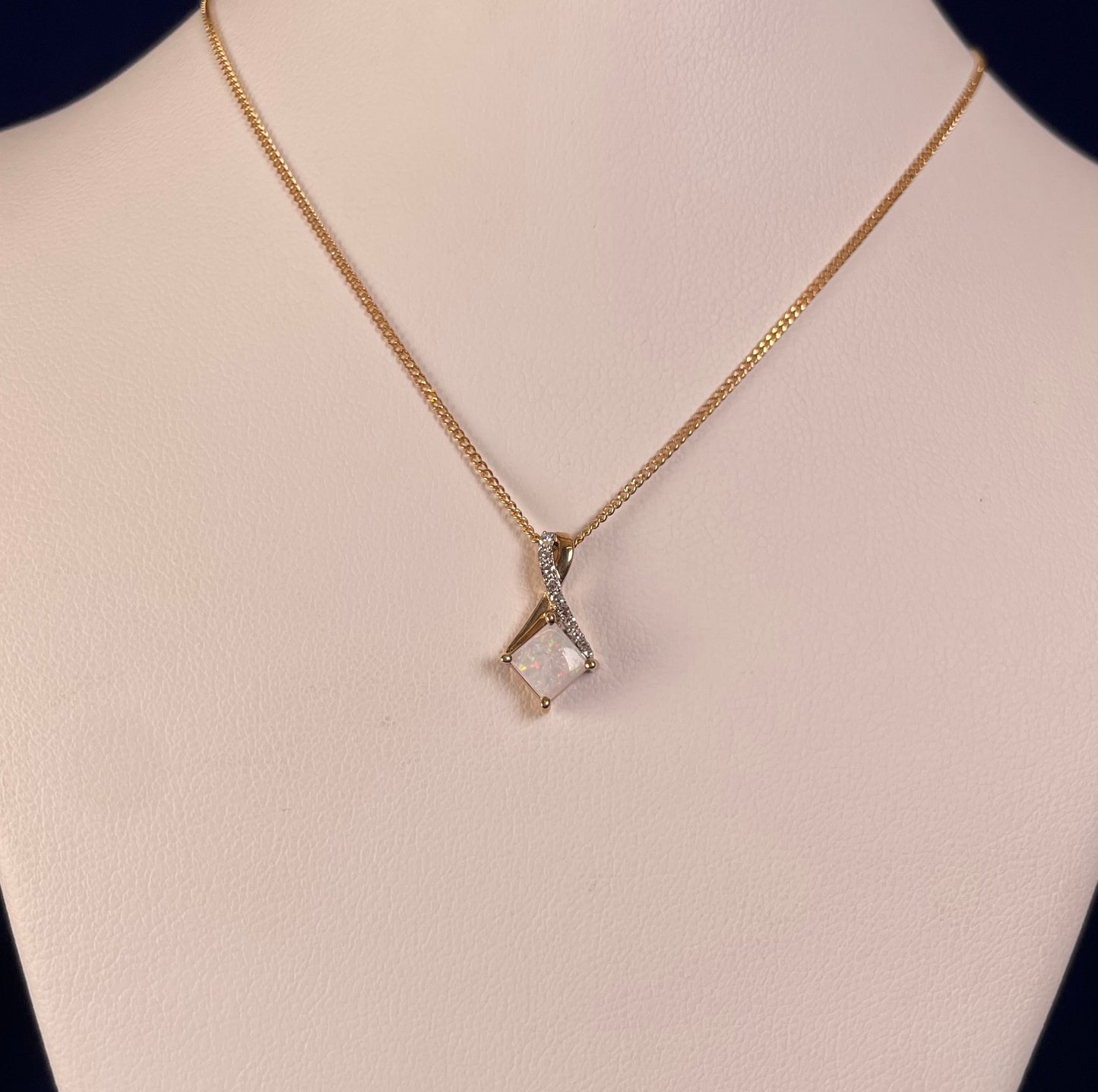 9ct Yellow Gold Square White Opal with Crossover Diamond Bale Pendant Necklace