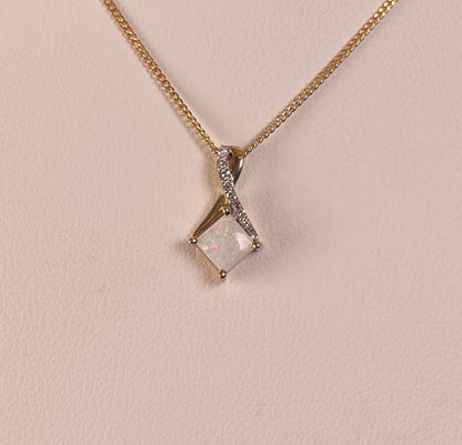 9ct Yellow Gold Square White Opal with Crossover Diamond Bale Pendant Necklace
