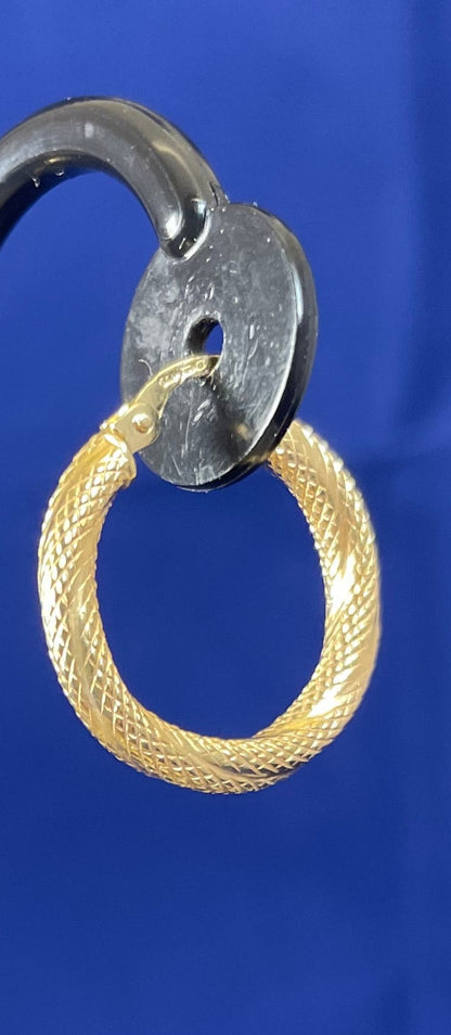 9ct Yellow Gold Patterned Matte Finish Hoop Earrings