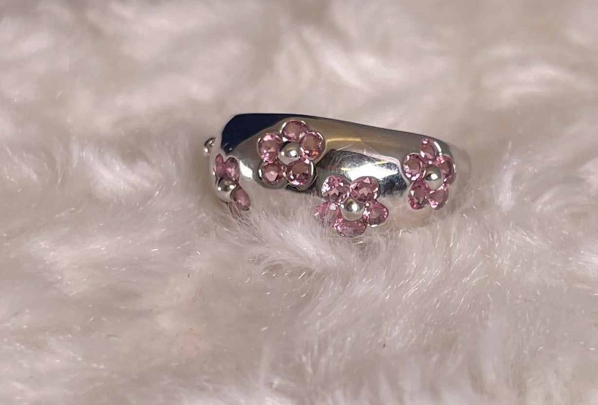 9ct White Gold Dome Dress Ring Set with Five Cluster Pink Sapphire flowers