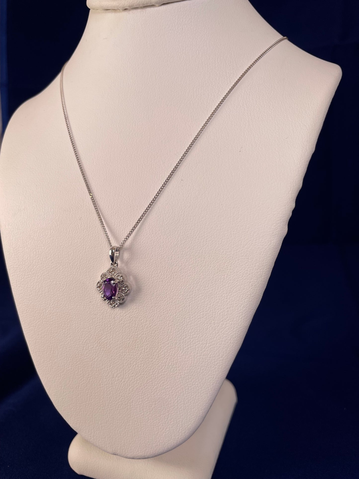 9ct White Gold Amethyst & Diamond Art Deco Pendant Necklace