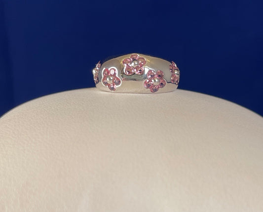 9ct White Gold Dome Dress Ring Set with Five Cluster Pink Sapphire flowers