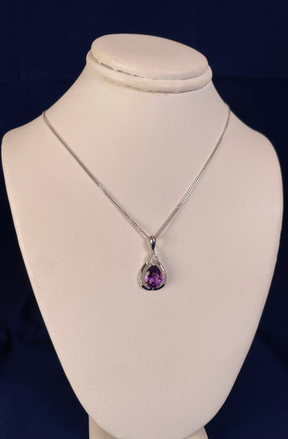 9ct White Gold Pear Amethyst & Diamond Pendant Necklace