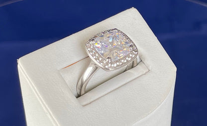Large Cushion Shape Cubic Zirconia Cluster Rhodium Plated Ring