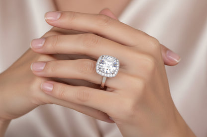 Rhodium-Plated Silver Large Cushion Shape Cubic Zirconia Cluster Ring