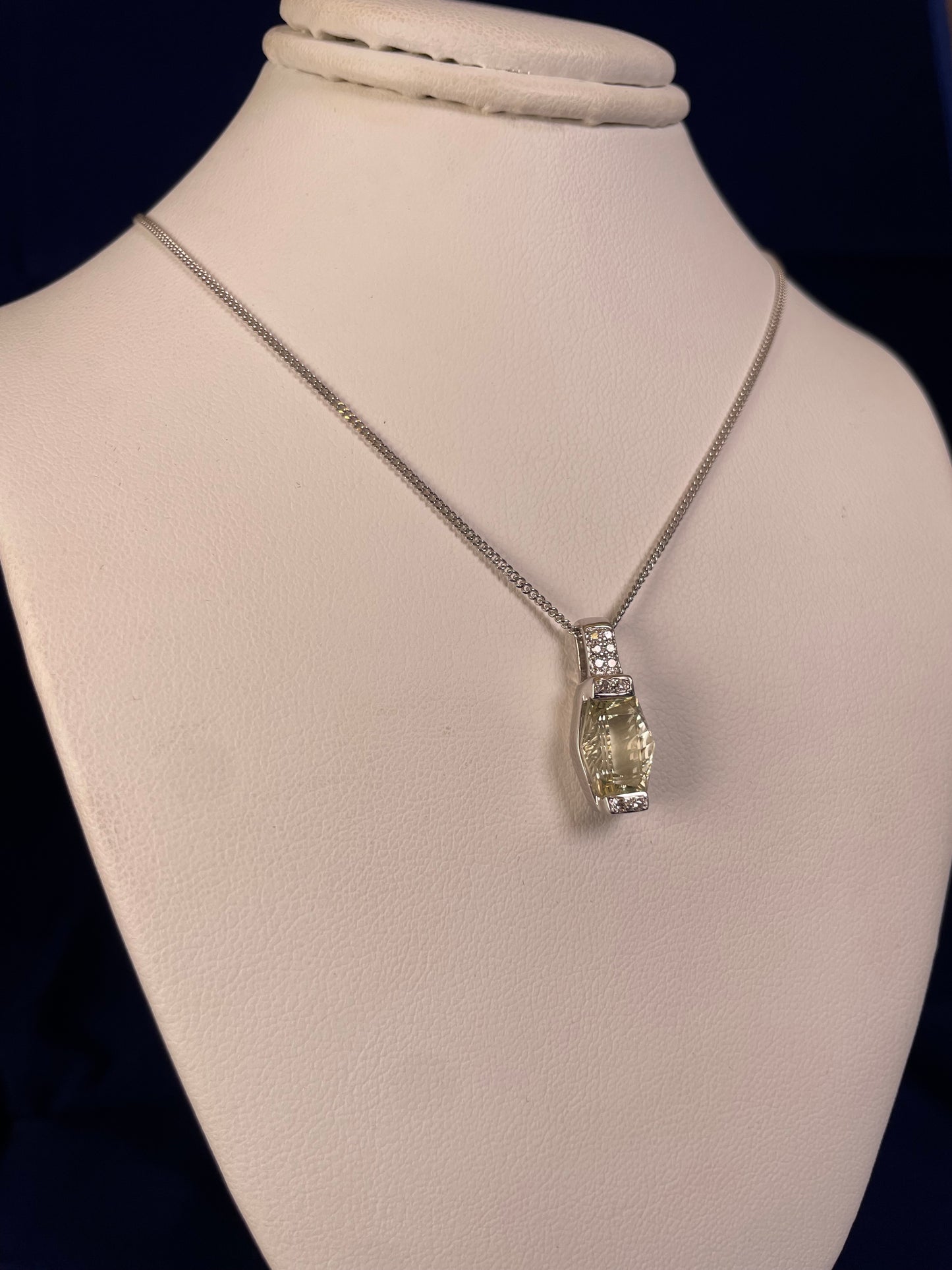 9ct White Gold Lemon Quartz & Diamond Pendant Necklace