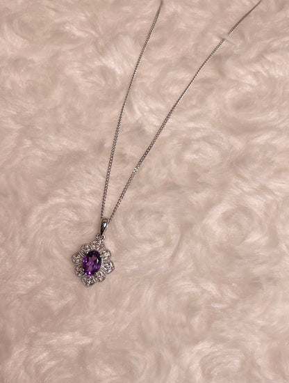 9ct White Gold Amethyst & Diamond Art Deco Pendant Necklace