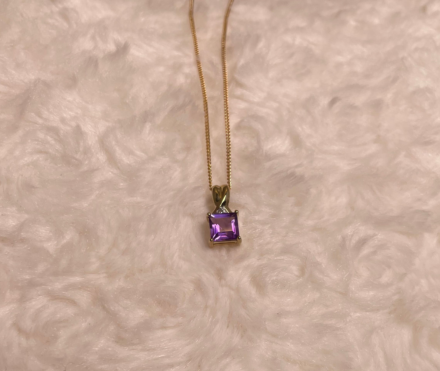 9ct Yellow Gold Square Amethyst with Diamond Chip Pendant Necklace