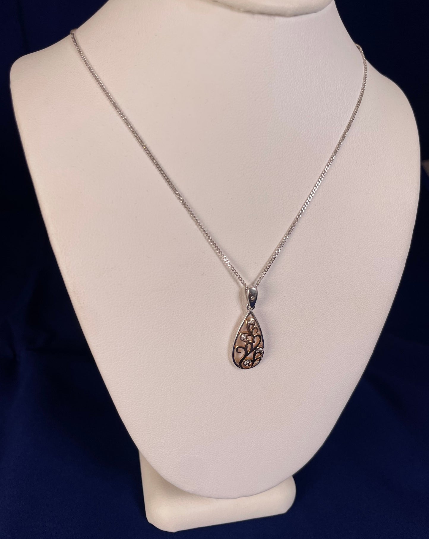 9ct White & Rose Gold Pear Shape Pendant set with Diamonds Necklace