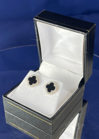 9ct Yellow Gold Onyx & Diamond Clover Earrings