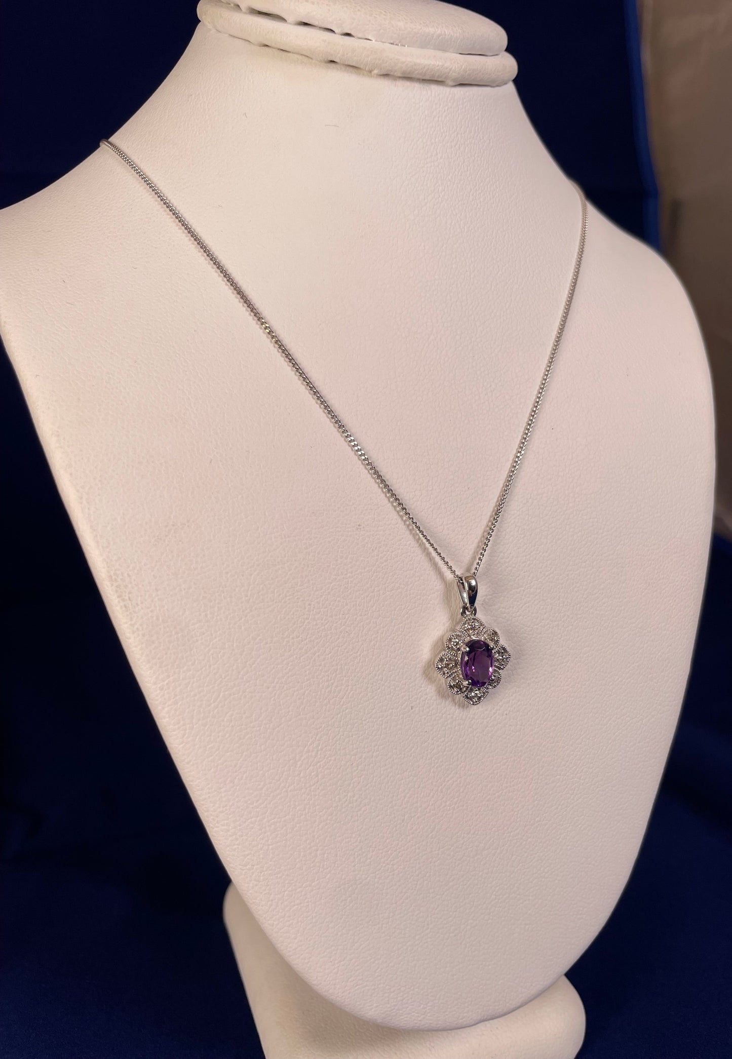 9ct White Gold Amethyst & Diamond Art Deco Pendant Necklace