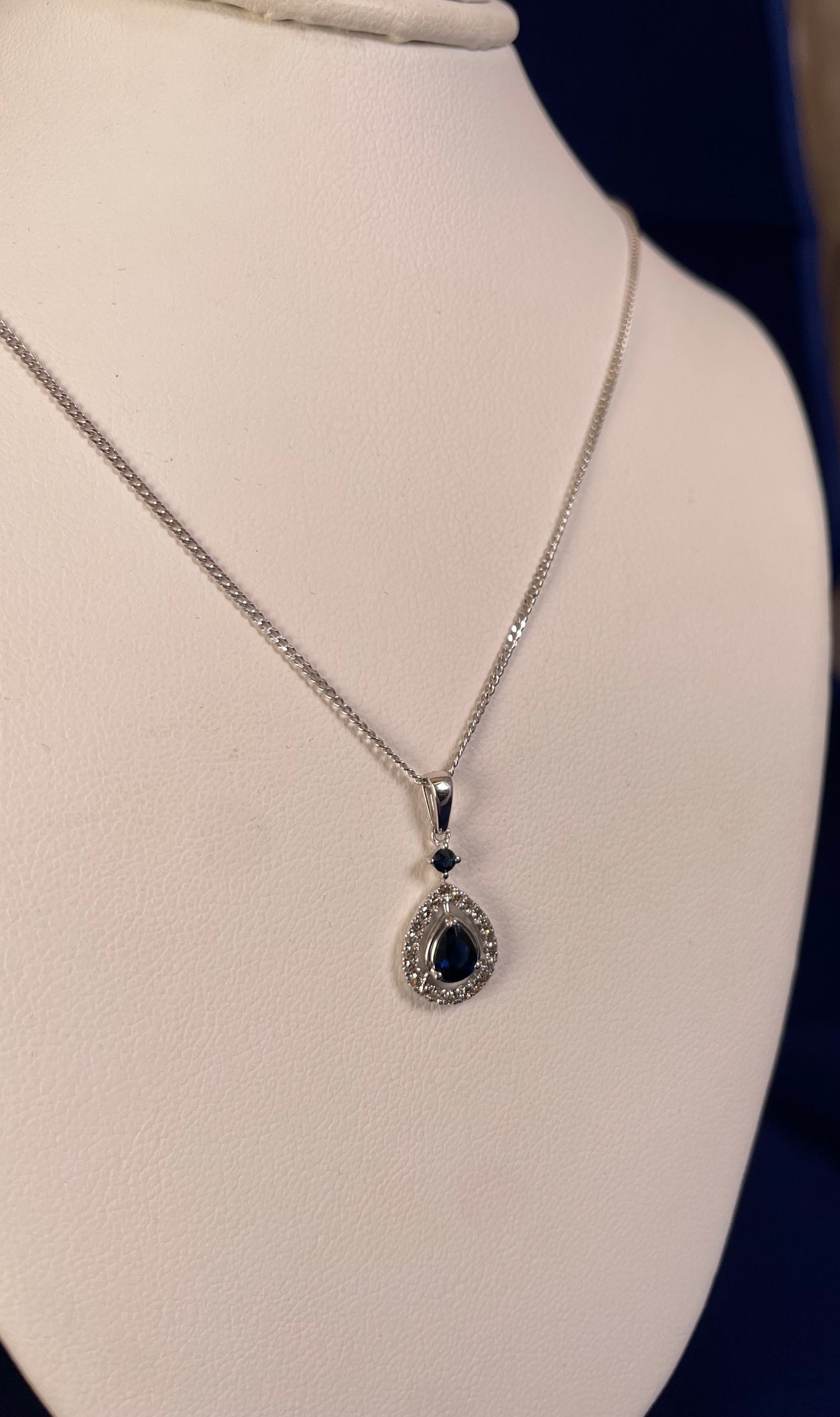 9ct White Gold Sapphire & Diamond Pear Shaped Pendant Necklace