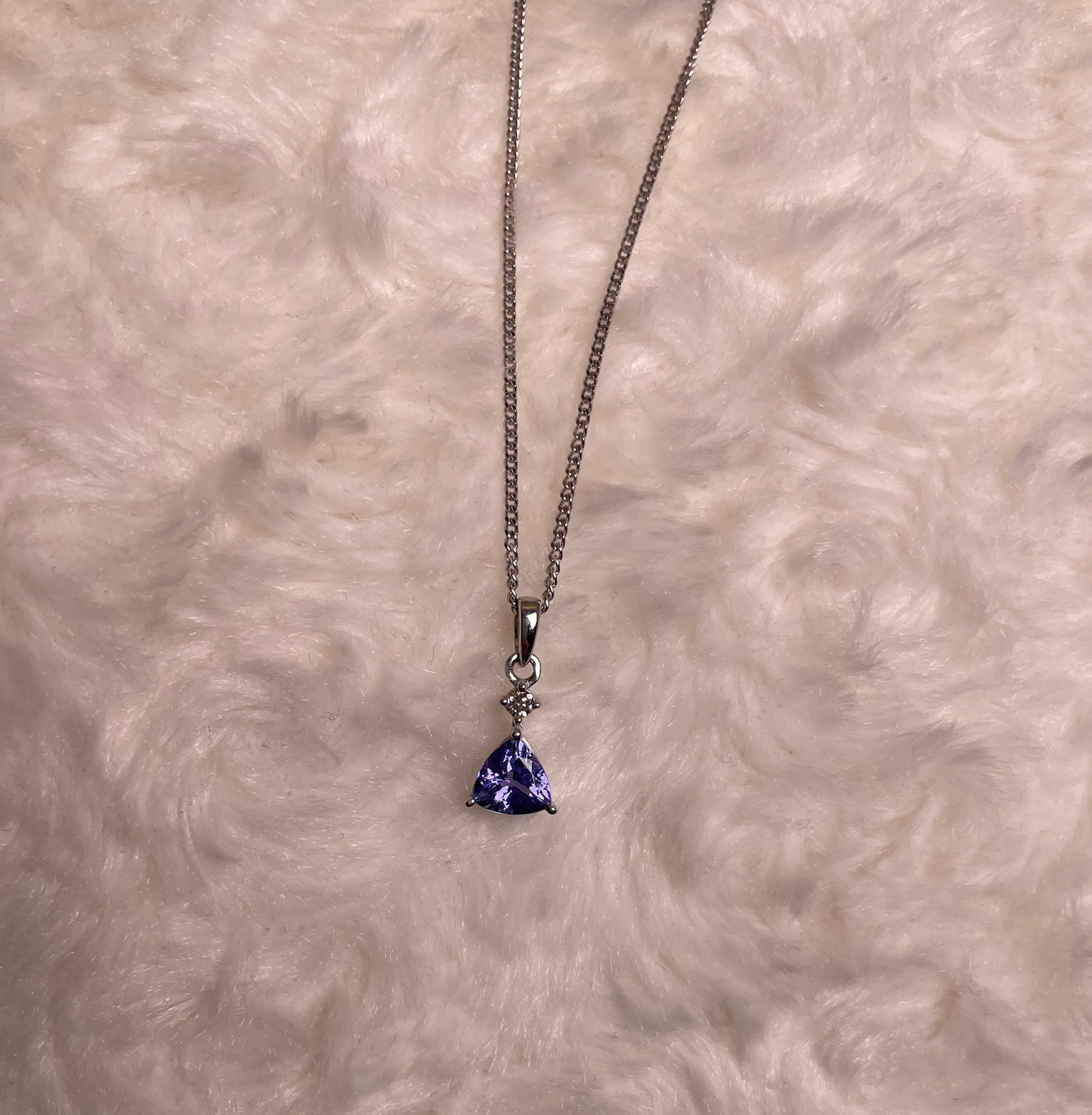 9ct White Gold Triangle Tanzanite Pendant with Small Diamond Necklace