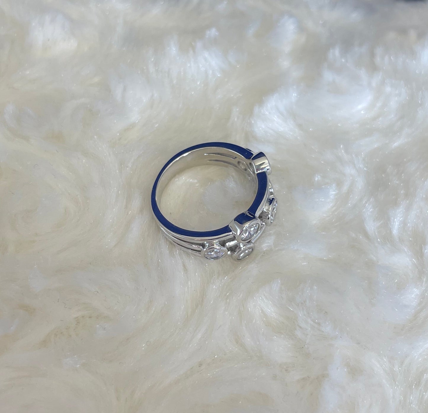 Rhodium-Plated Silver Three Row Boodle Ring with Cubic Zirconia