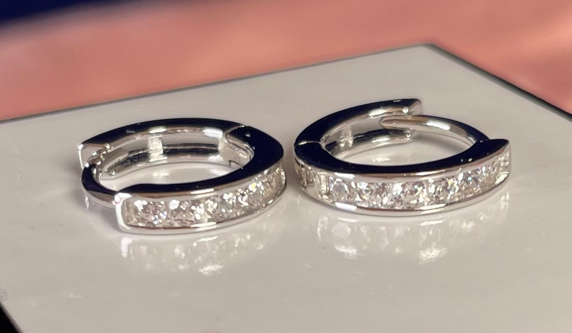 Rhodium-Plated Petite Hoop Earrings with Cubic Zirconia