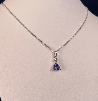 9ct White Gold Triangle Tanzanite Pendant with Small Diamond Necklace
