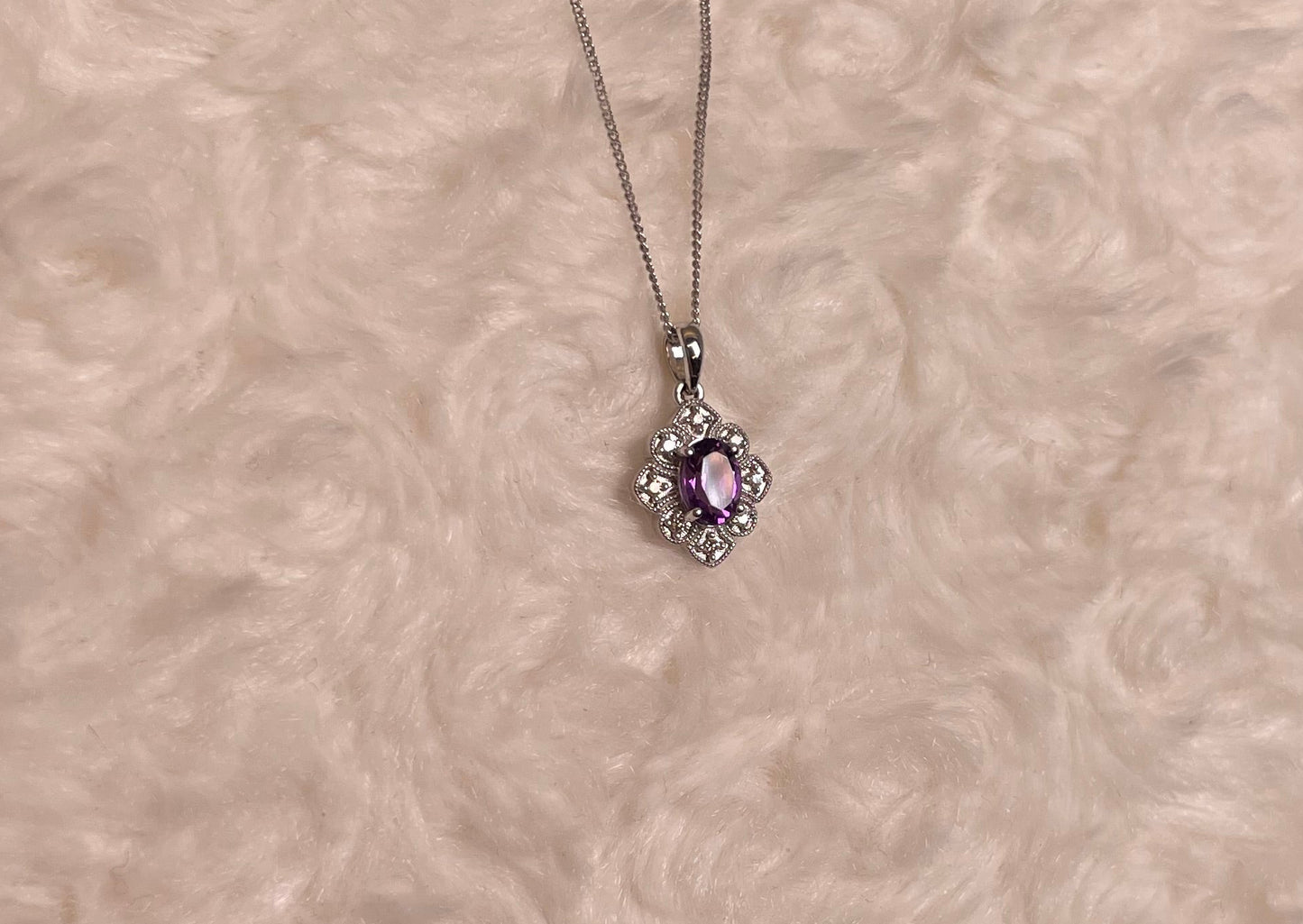 9ct White Gold Amethyst & Diamond Art Deco Pendant Necklace