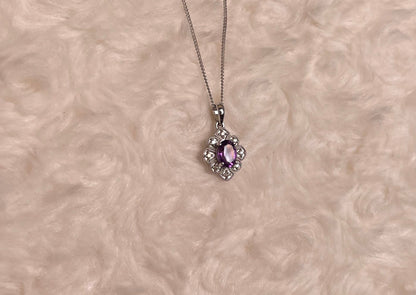 9ct White Gold Amethyst & Diamond Art Deco Pendant Necklace