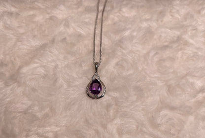 9ct White Gold Pear Amethyst & Diamond Pendant Necklace