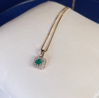 9ct Yellow Gold Emerald With Diamond Cluster Pendant Necklace