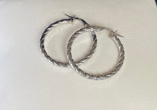 9ct White Gold Flat Twist Hoop Earrings