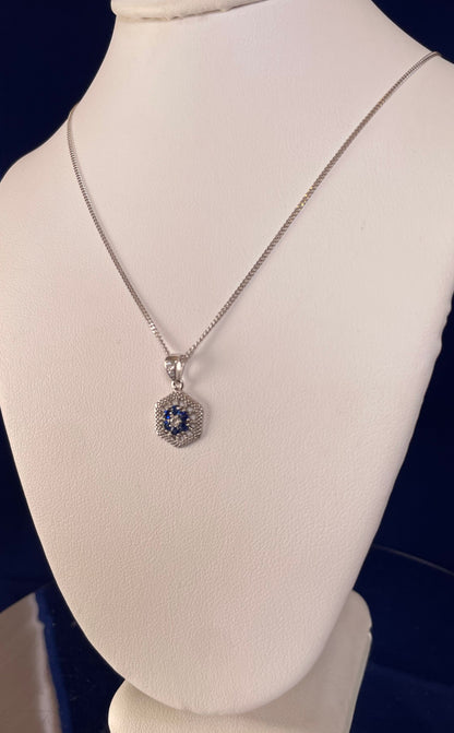 9ct White Gold Sapphire & Diamond Hexagonal Design Pendant Necklace