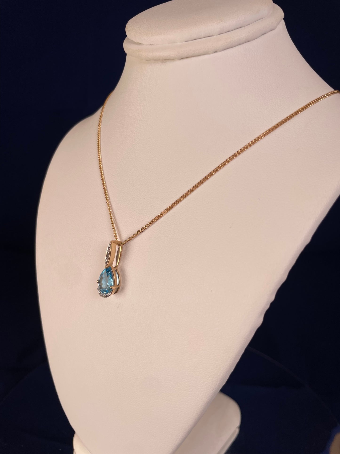 9ct Yellow Gold Pear Shape Blue Topaz & Diamond Pendant Necklace