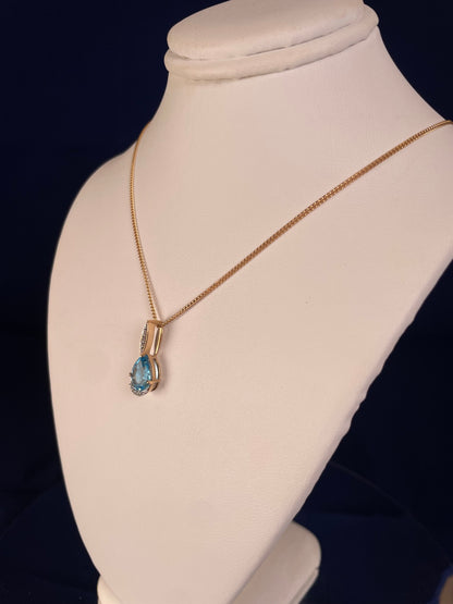 9ct Yellow Gold Pear Shape Blue Topaz & Diamond Pendant Necklace