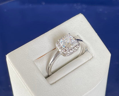Rhodium-Plated Silver Cushion Shape Cubic Zirconia Cluster Ring