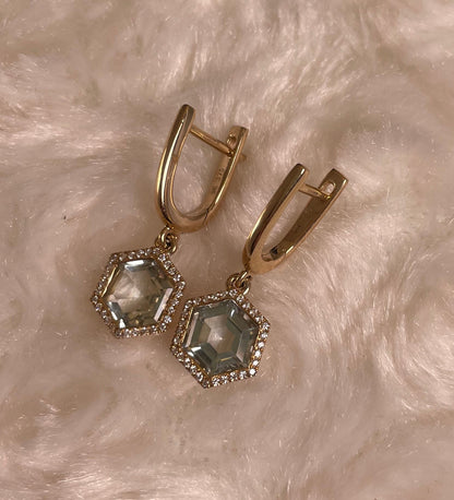 9ct Yellow Gold Green Amethyst & Diamond Set Drop Earrings