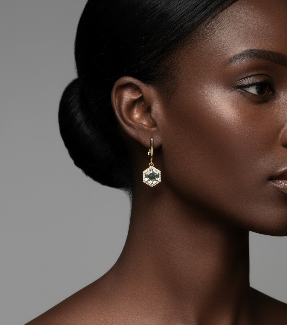 9ct Yellow Gold Green Amethyst & Diamond Set Drop Earrings