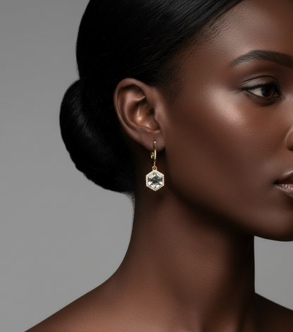 9ct Yellow Gold Green Amethyst & Diamond Set Drop Earrings