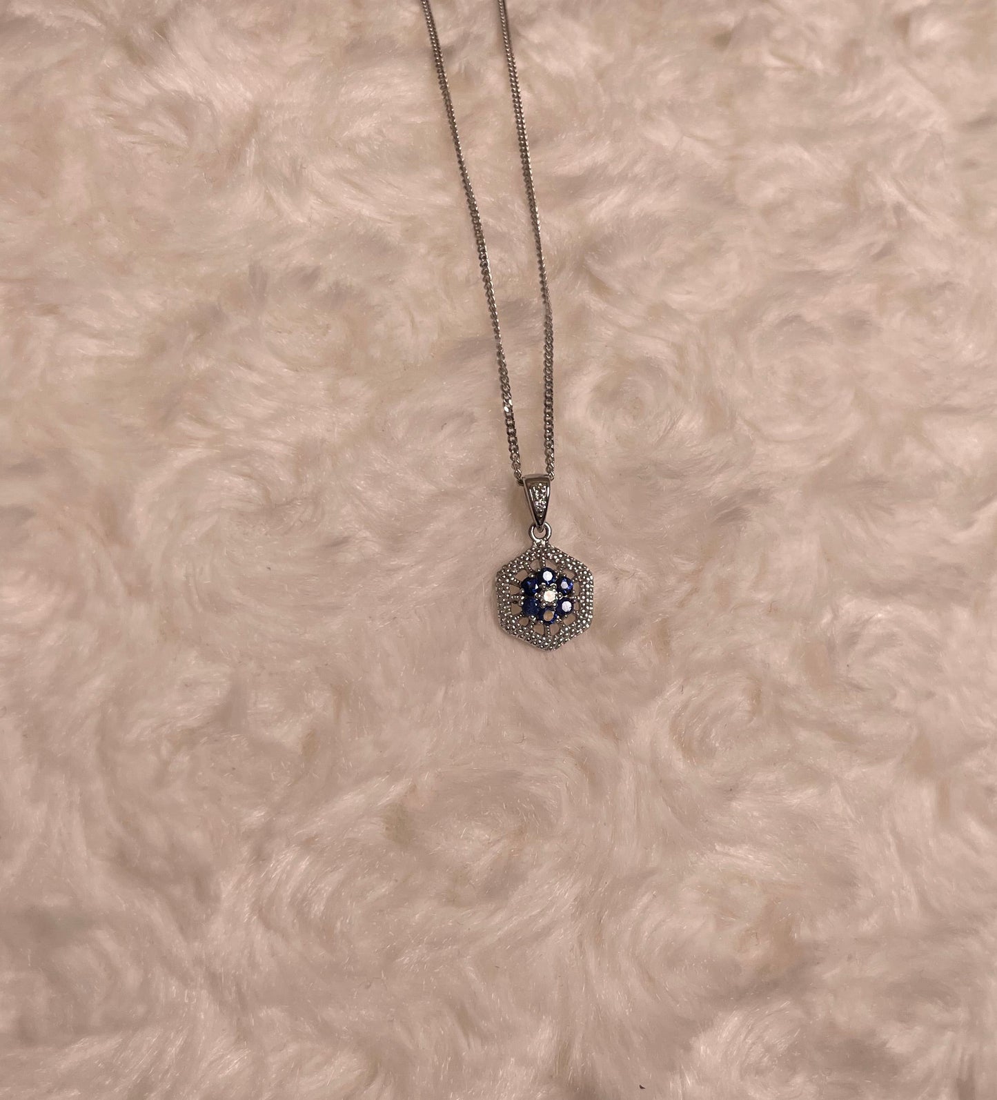9ct White Gold Sapphire & Diamond Hexagonal Design Pendant Necklace