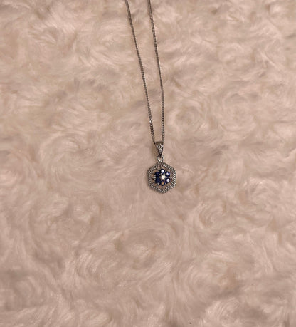 9ct White Gold Sapphire & Diamond Hexagonal Design Pendant Necklace