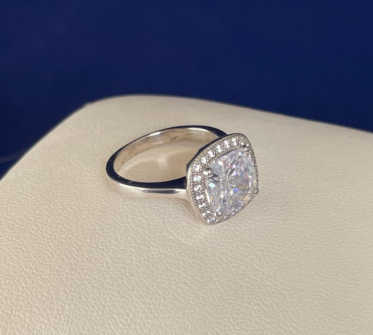 Rhodium-Plated Silver Large Cushion Shape Cubic Zirconia Cluster Ring