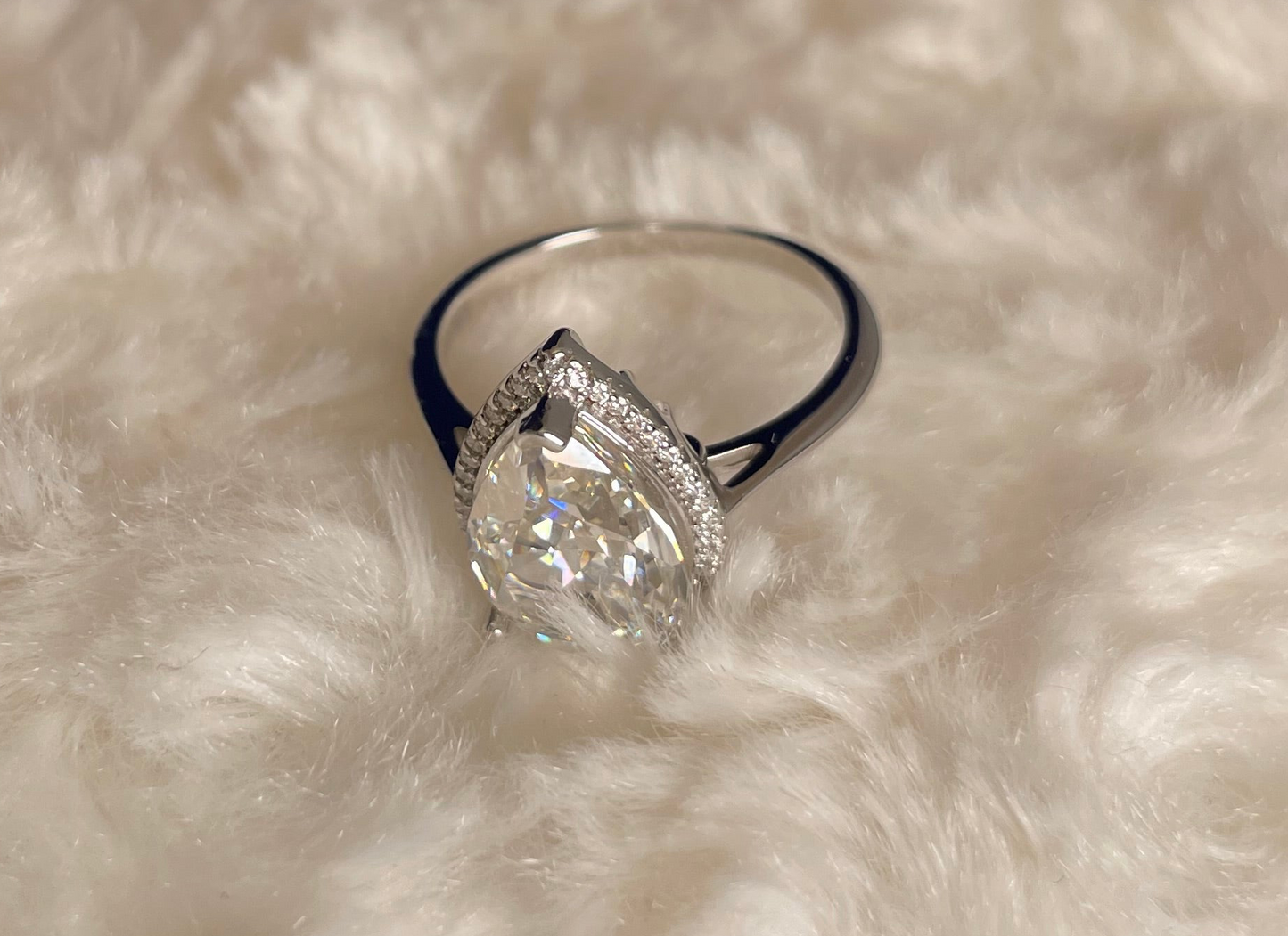 Rhodium Plated Silver Pear Shape Cubic Zirconia Ring