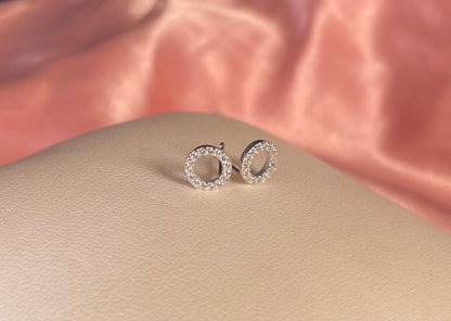 Circle Stud Earrings With Cubic Zirconia Silver Rhodium Plated Silver