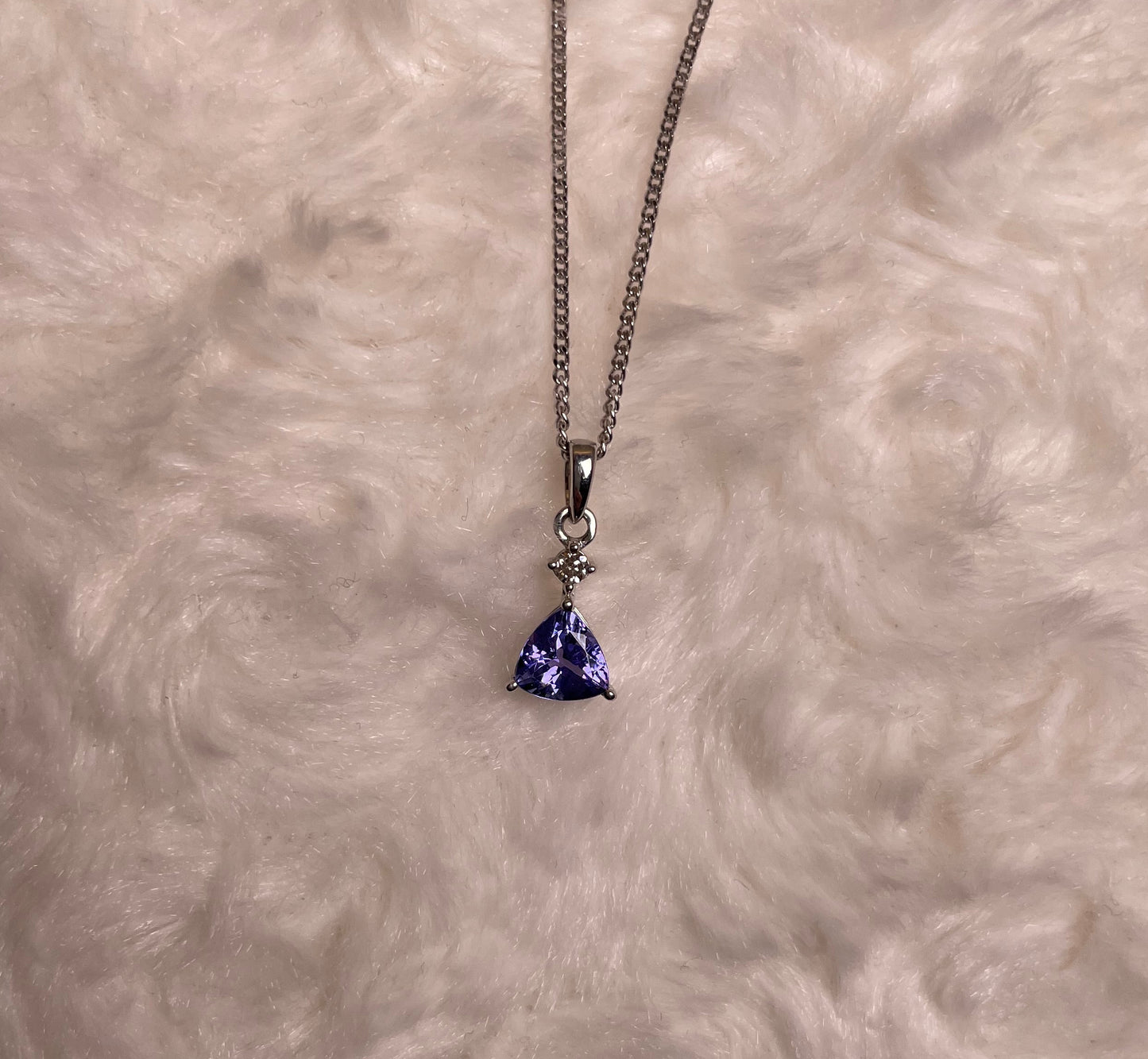 9ct White Gold Triangle Tanzanite Pendant with Small Diamond Necklace