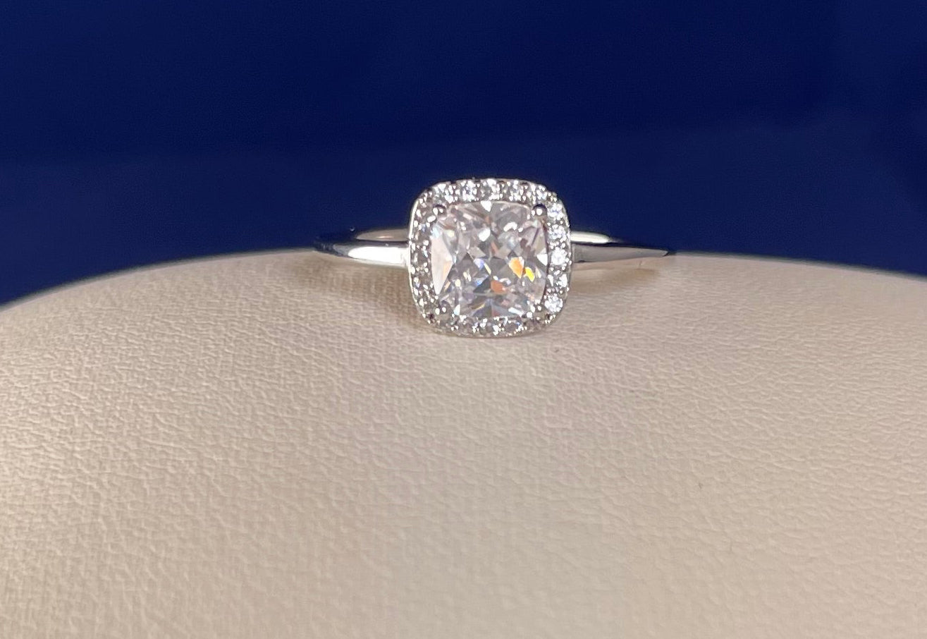Rhodium-Plated Silver Cushion Shape Cubic Zirconia Cluster Ring