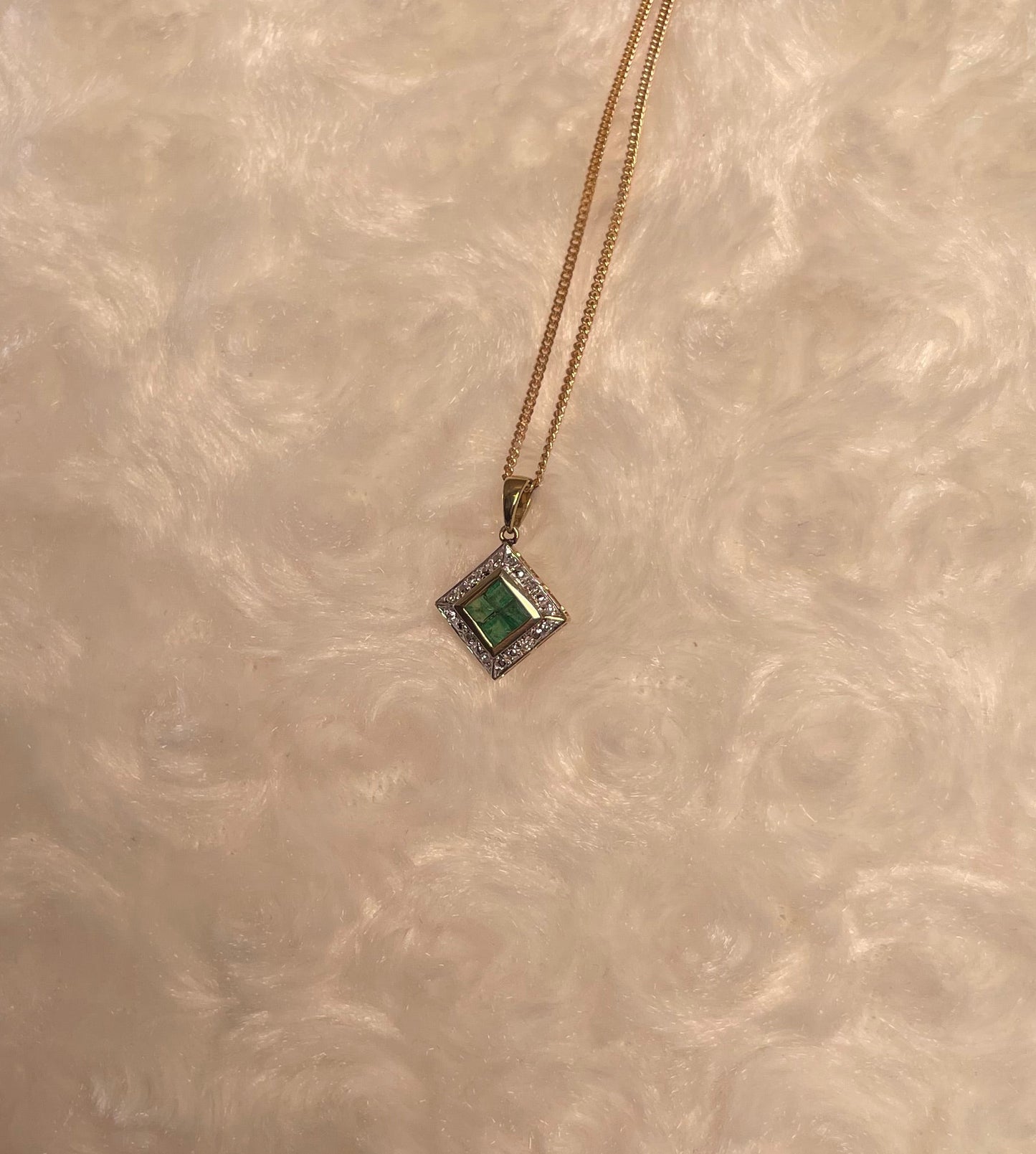 9ct Yellow Gold Diamond & Emerald Square Pendant Necklace