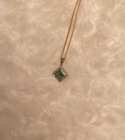 9ct Yellow Gold Diamond & Emerald Square Pendant Necklace
