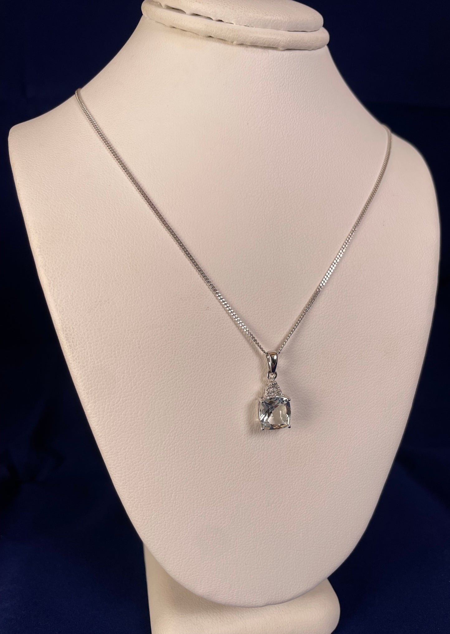 9ct White Gold Cushion Shape Aquamarine with Diamond Chips Pendant Necklace