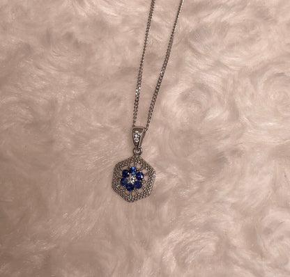 9ct White Gold Sapphire & Diamond Hexagonal Design Pendant Necklace