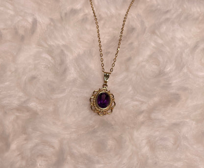 9ct Yellow Gold Rubover Set Oval Amethyst with Filigree Surround Pendant Necklace