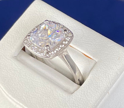 Large Cushion Shape Cubic Zirconia Cluster Rhodium Plated Ring