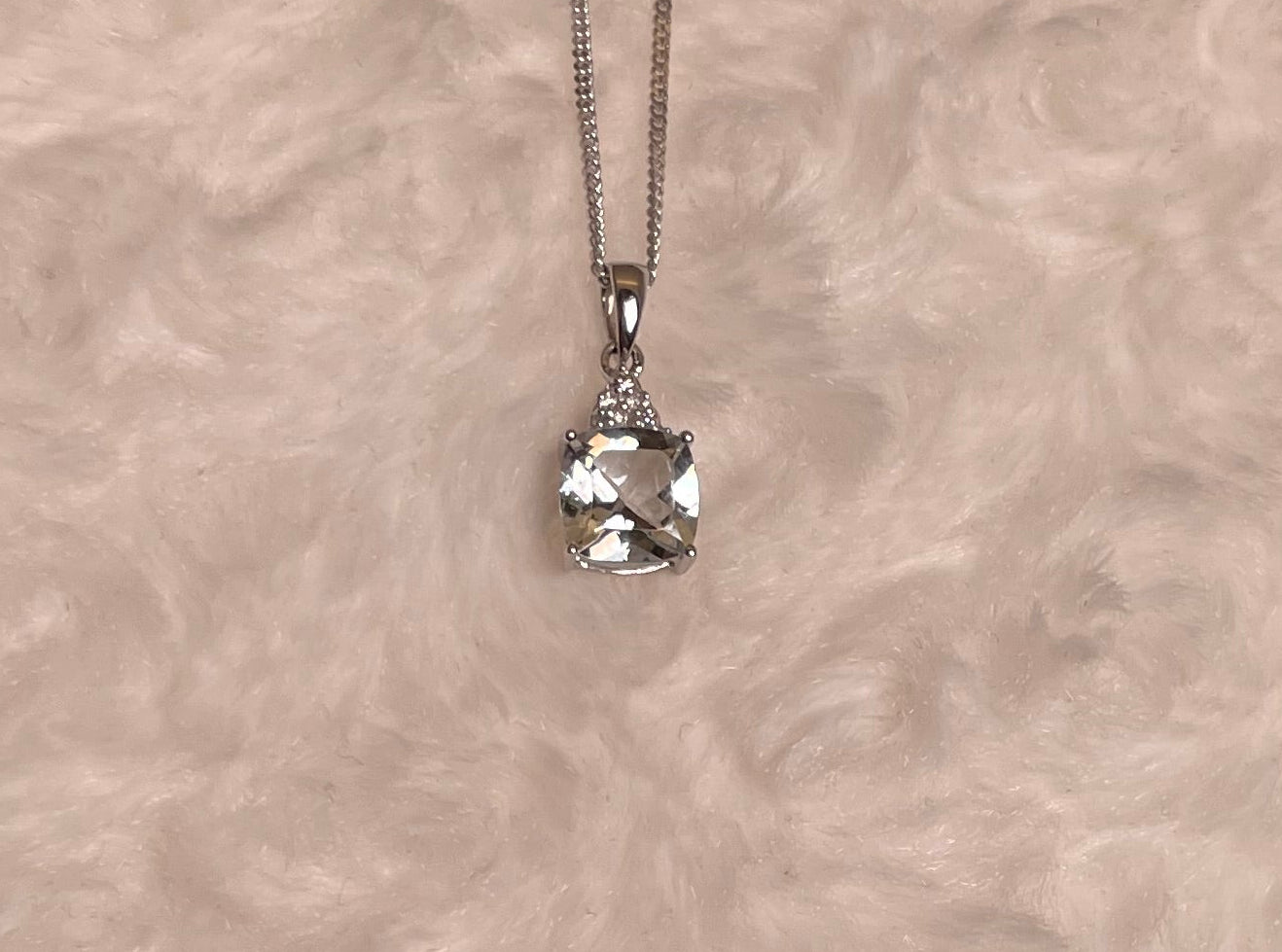 9ct White Gold Cushion Shape Aquamarine with Diamond Chips Pendant Necklace