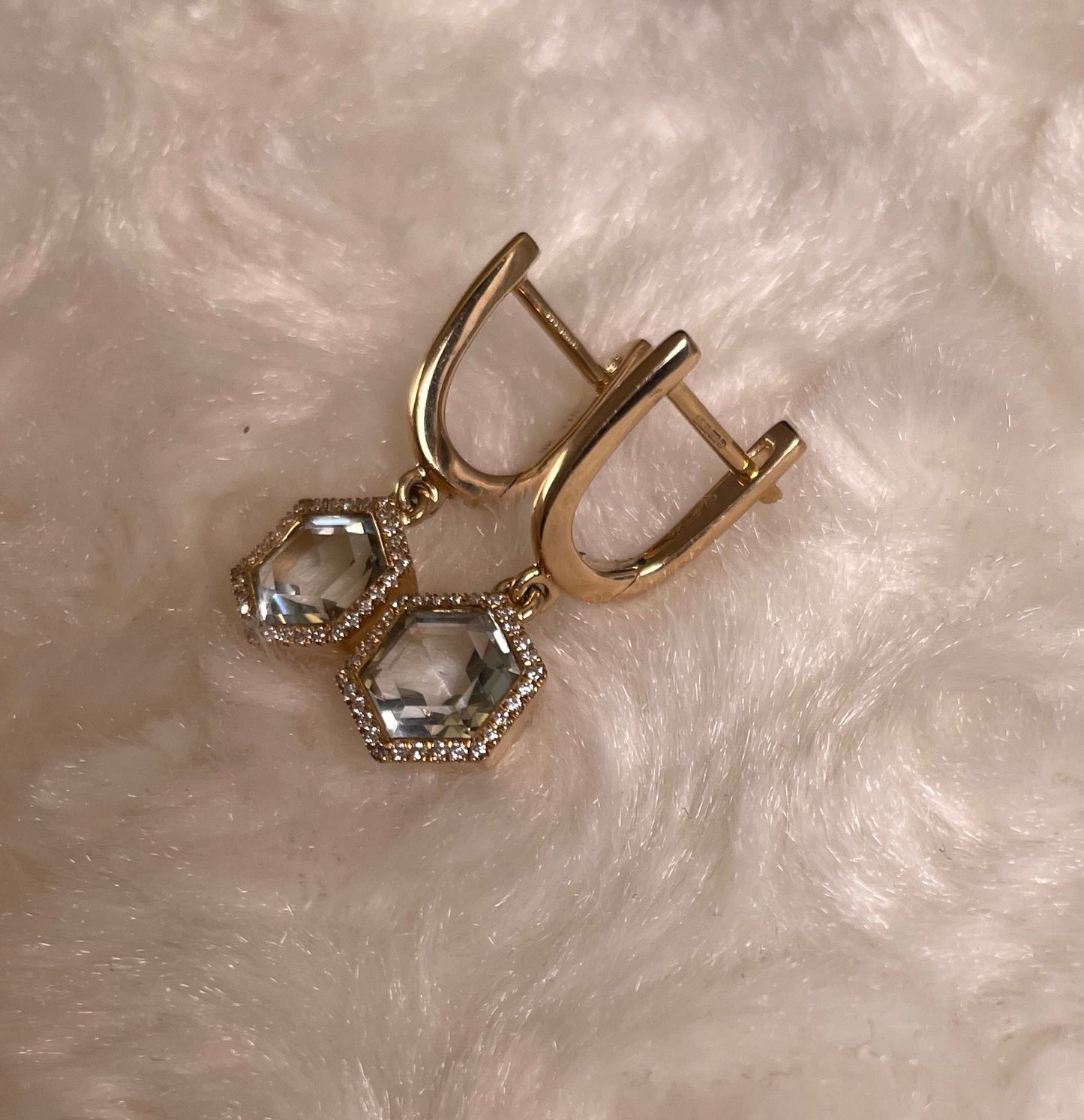 9ct Yellow Gold Green Amethyst & Diamond Set Drop Earrings